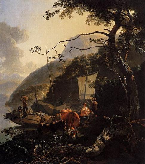 Adam Pijnacker Boatmen Moored on the Shore of an Italian Lake